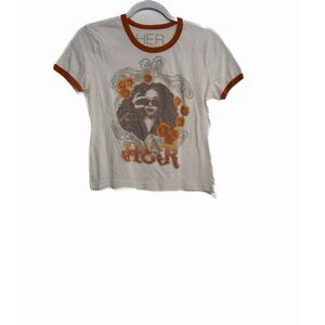 HER Womens White Red Cotton T-Shirt Graphic Print Cropped Top Short Sleeve M